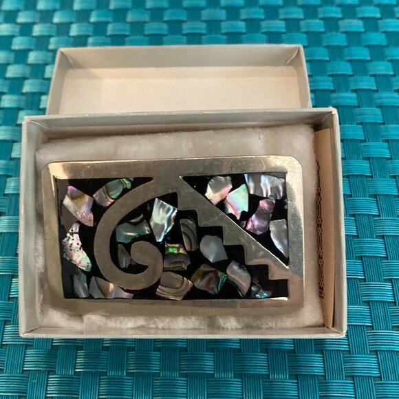 Vintage Silver Tone Abalone Stone Inlay Belt Buckle Mexico - Picture 8 of 9